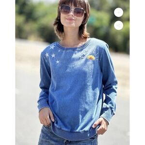 Billy T Hello Sunshine Embroidered Denim Sweatshirt Boho Women's Size Medium